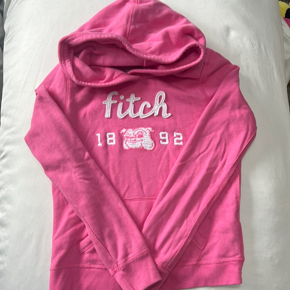 Abercrombie kids pink sweatshirt with embroidered fitch 1892 and bulldog.